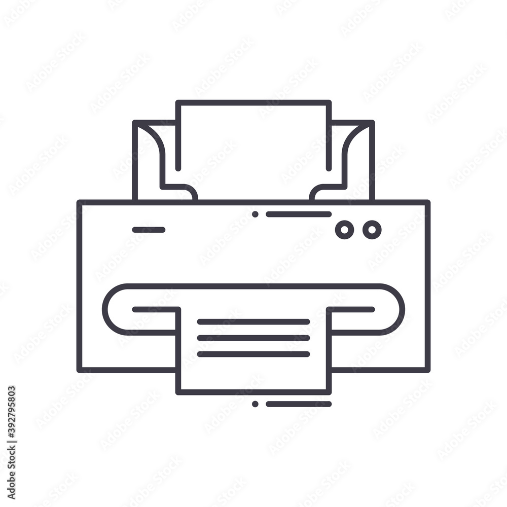 Printer icon, linear isolated illustration, thin line vector, web design sign, outline concept symbol with editable stroke on white background. Printer icon, linear isolated illustration, thin line vector, web design sign, outline concept symbol with editable stroke on white background.