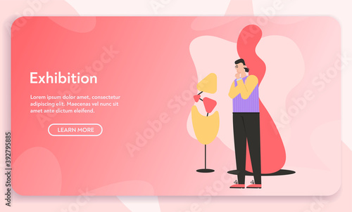 Vector banner of Exhibition concept. Man looking at sculpture