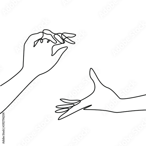 Beautiful woman hands сontinuous line drawing, isolated vector illustration, small tattoo, print and logo design, single line on a white background. 