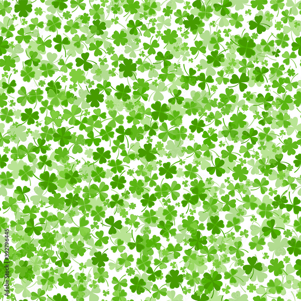 Seamless shamrock or clover leaves flat design green backdrop pattern vector illustration isolated on white background. St Patricks Day shamrock symbols decorative elements. Seamless shamrock or clover leaves flat design green backdrop pattern vector illustration isolated on white background. St Patricks Day shamrock symbols decorative elements.