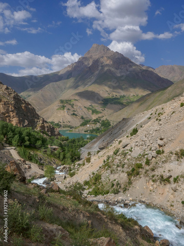 Scenic mountain landscape in the Marguzor seven lakes area, Shing river valley, near Penjikent or Panjakent in Tajikistan 