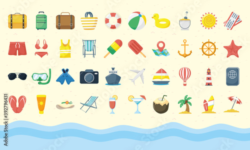 bundle of fourty summer vacations flat style set icons