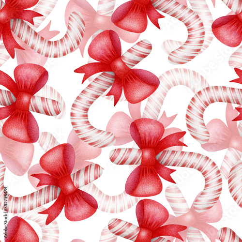 Christmas seamless watercolor pattern with hand drawn candy or lollipops isolated on white background. Illustration for print, card, invitation, wallpaper, fabric, home decor
