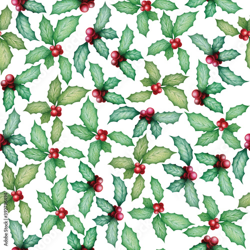 Christmas seamless watercolor pattern with hand drawn holly leaves and berries isolated on white background. Illustration for print, card, invitation, wallpaper, fabric, home decor