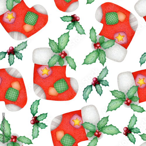 Christmas seamless watercolor pattern with hand drawn socks and holly plant isolated on white background. Illustration for print, card, invitation, wallpaper, fabric, home decor