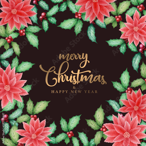 Merry Christmas and Happy New Year  card with watercolor hand drawn holly, poinsettia and gold lettering on black background. Christmas decoration design for invitation, posters, greeting card