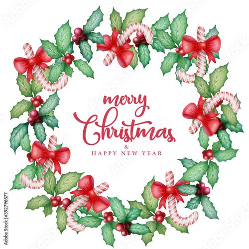 Merry Christmas and Happy New Year  card with watercolor hand painted holly and gold lettering on black background. Christmas decoration design for invitation, posters, greeting card