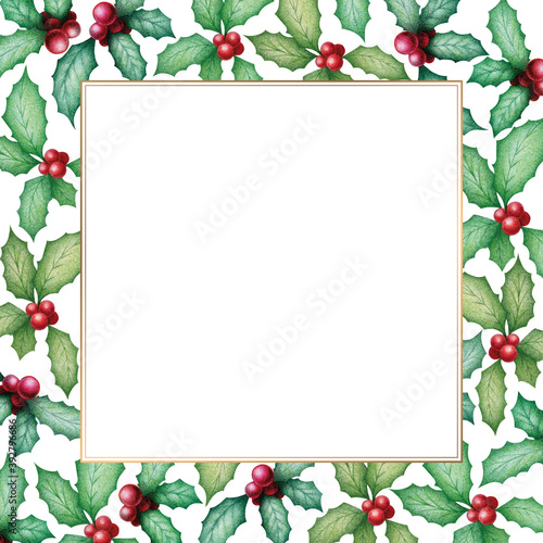 Merry Christmas and Happy New Year card with watercolor hand drawn holly plant frame isolated on white background. Christmas decoration design for invitation, posters, greeting card