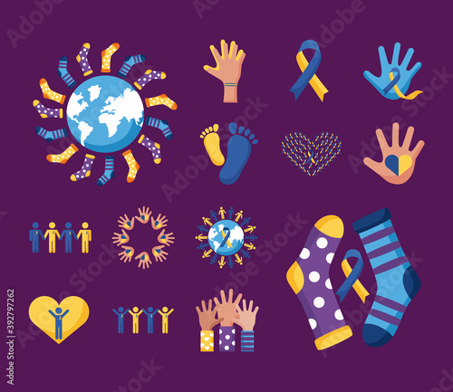 earth planet and people arounfd with bundle of down syndrome set icons photo