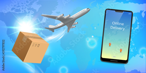 Online delivery service concept. Realistic phone, plane and package box. Suitable for landing page, delivery website, banner, background, application, poster, on mobile. Horizontal view