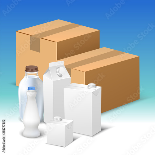 Vector composition of realistic milk packaging templates on blue gradient background. White creative milk paper, glass and plastic packaging design.