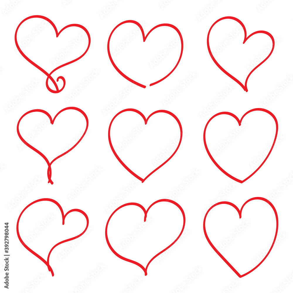 Set of nine hand drawn heart. Handdrawn rough marker hearts isolated on white background. Vector illustration for your graphic design Set of nine hand drawn heart. Handdrawn rough marker hearts isolated on white background. Vector illustration for your graphic design