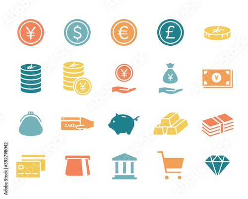 お金、金融、経済のアイコンのセット／ビジネス／通貨／貨幣／紙幣／銀行／貯金／現金／クレジットカード