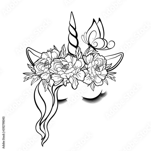 Vector unicorn face with closed eyes, butterfly and wreath of flowers. Black outline isolated on a white background.