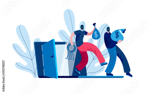 Two hackers take out bags of money from an open laptop. Vector illustration on the topic of cybercrime and cybersecurity.