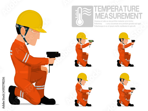 Set of industrial worker using pyrometer for measuring temperature.