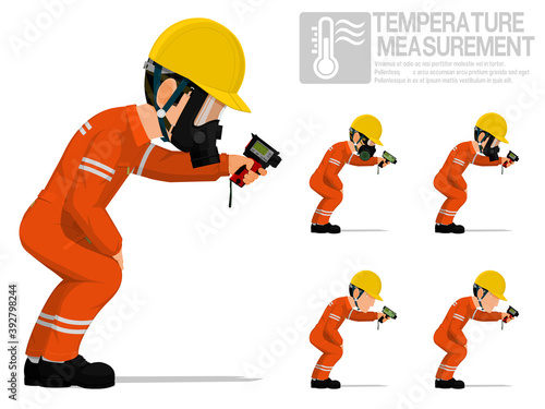 Set of industrial worker using pyrometer for measuring temperature.