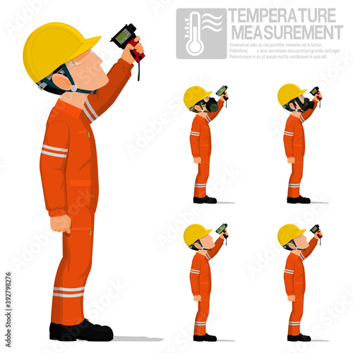 Set of industrial worker using pyrometer for measuring temperature.