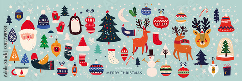 Christmas decorative banner with funny Santa Claus, Christmas toys, Christmas tree and holiday elements. Christmas pattern