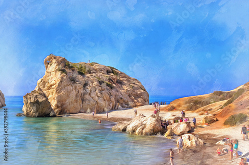Seascape with rock colorful painting looks like picture, Aphrodites Rock, Cyrpus photo