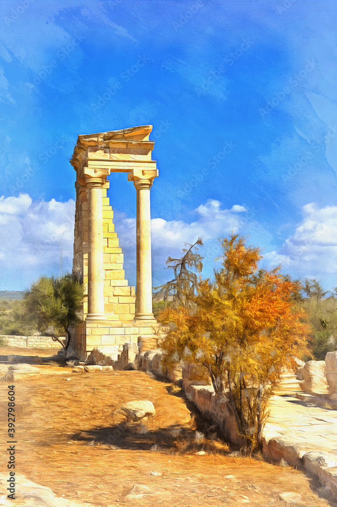 View on ancient architechture ruins colorful painting looks like picture