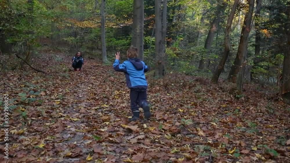 Small boy is running into mothers arms through autumn forest, affectionate hug Small boy is running into mothers arms through autumn forest, affectionate hug