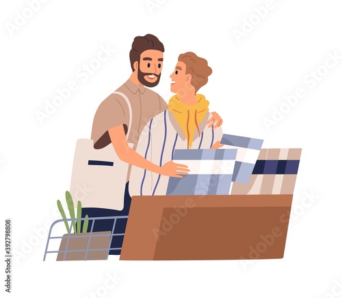 Cute gay couple shopping together. Homosexual partners hugging and choosing goods in the shop. Flat vector cartoon illustration of romantic boyfriends isolated on white