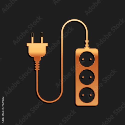 Gold Electric extension cord icon isolated on black background. Power plug socket. Long shadow style. Vector.