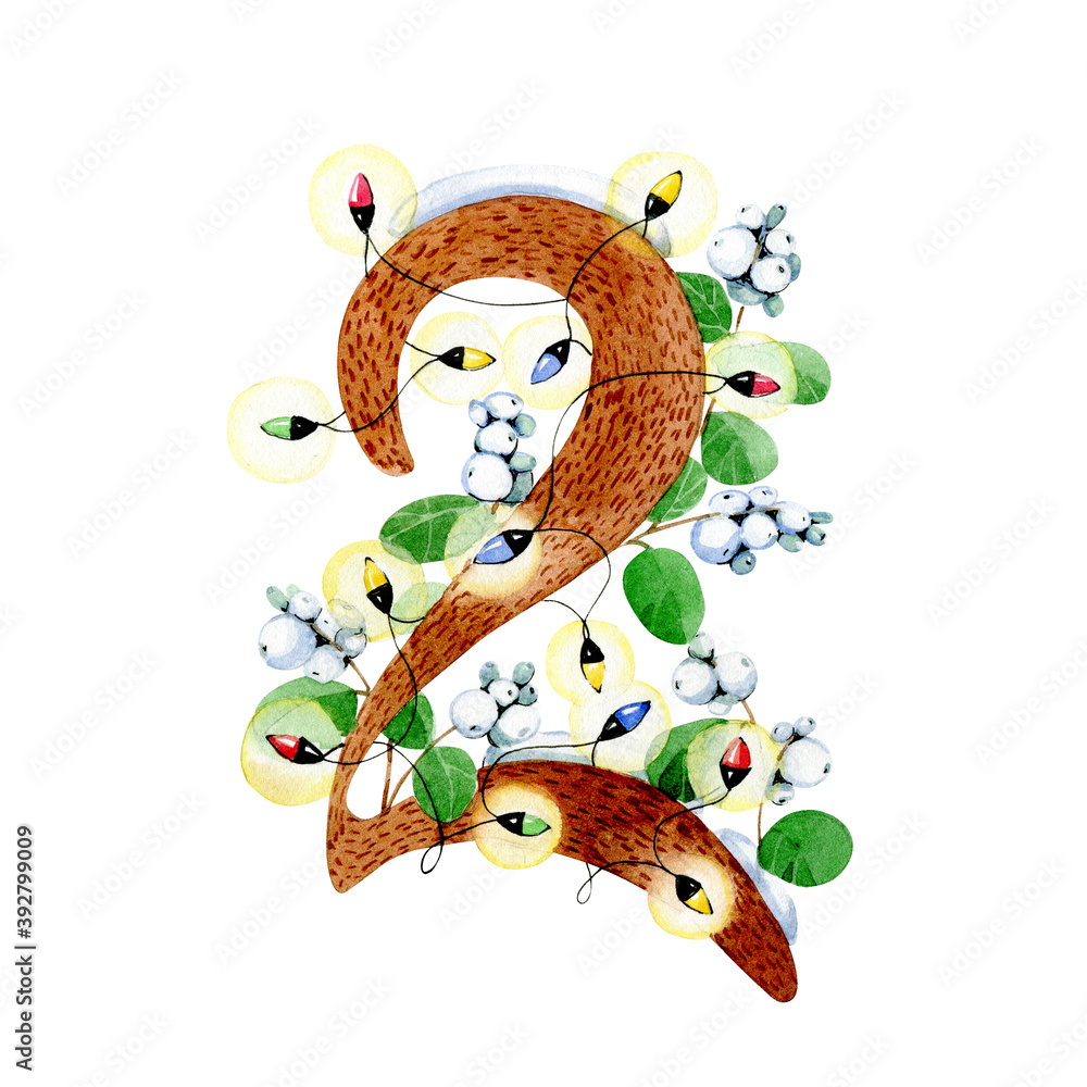 Christmas lettering. number two, decorated with twigs, leaves and berries of a snowberry and a light multi-colored garland