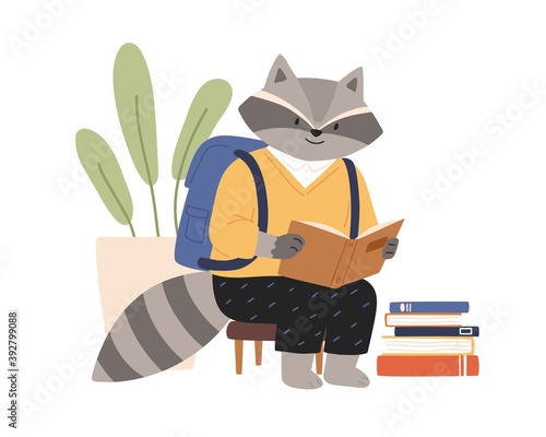 Cute raccoon in clothes reading book. Funny animal pupil with schoolbag sitting on chair and studying. Flat vector cartoon illustration of elementary school student isolated on white