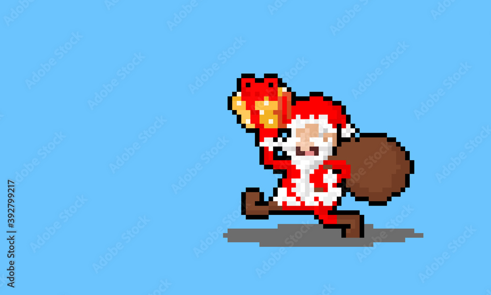 Pixel art cartoon happy santa claus character holding yellow gift box. Pixel art cartoon happy santa claus character holding yellow gift box.