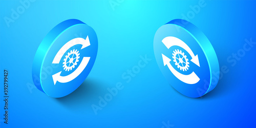 Isometric Gear and arrows as workflow concept icon isolated on blue background. Gear reload sign. Blue circle button. Vector.