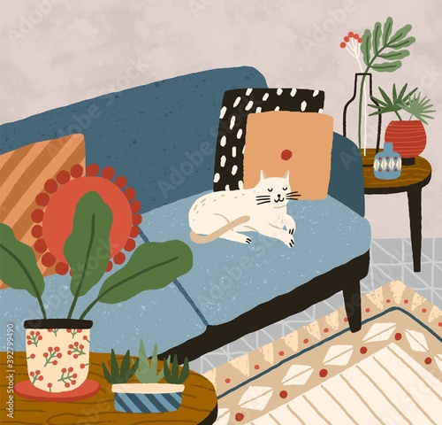 Cozy apartment interior with comfortable sofa, houseplants and flowers in vase. Sleeping cat on comfy couch in hygge living room. Flat vector textured illustration of modern home design