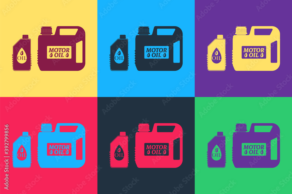 Pop art Plastic canister for motor machine oil icon isolated on color background. Oil gallon. Oil change service and repair. Engine oil sign. Vector. Pop art Plastic canister for motor machine oil icon isolated on color background. Oil gallon. Oil change service and repair. Engine oil sign. Vector.