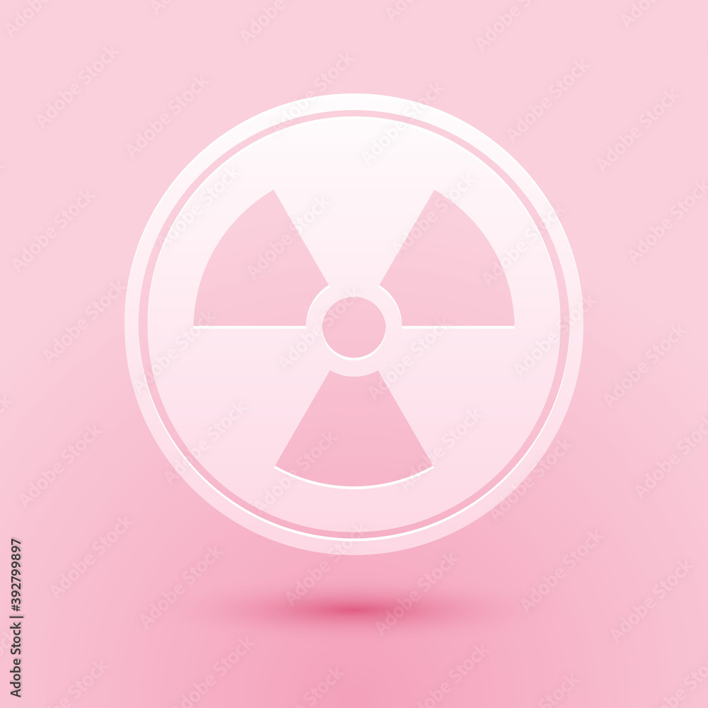 Paper cut Radioactive icon isolated on pink background. Radioactive toxic symbol. Radiation Hazard sign. Paper art style. Vector. Paper cut Radioactive icon isolated on pink background. Radioactive toxic symbol. Radiation Hazard sign. Paper art style. Vector.