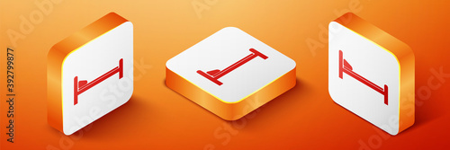 Isometric Hospital Bed icon isolated on orange background. Orange square button. Vector.