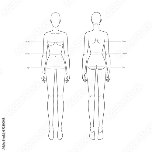 Women standard body parts terminology measurements Illustration for clothes and accessories production fashion lady size chart. 9 head girl for site and online shop. Human body infographic template