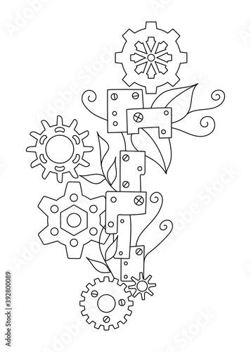 Coloring page Steampunk Gears and metal part Background . Vector illustration of gears on a white