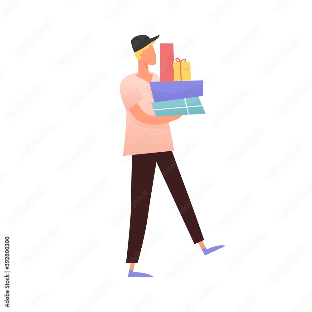 Faceless modern man carrying a pile of gift boxes. Male character holding wrapped holiday presents. Flat vector cartoon illustration isolated on white background Faceless modern man carrying a pile of gift boxes. Male character holding wrapped holiday presents. Flat vector cartoon illustration isolated on white background
