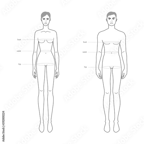 Men and women standard body parts terminology measurements Illustration for clothes and accessories production fashion 9 head male and female size chart. Human body infographic template