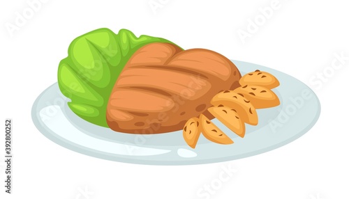 Chicken breast and fried potato with lettuce on plate isolated dish