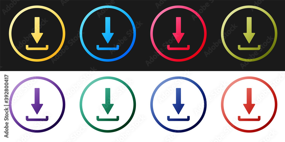 Set Download icon isolated on black and white background. Upload button. Load symbol. Arrow point to down. Vector. Set Download icon isolated on black and white background. Upload button. Load symbol. Arrow point to down. Vector.