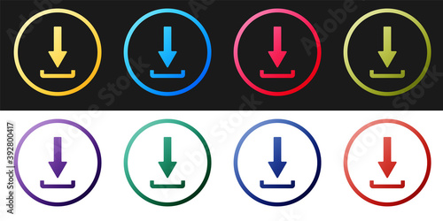 Set Download icon isolated on black and white background. Upload button. Load symbol. Arrow point to down. Vector.