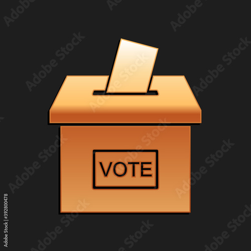Gold Vote box or ballot box with envelope icon isolated on black background. Long shadow style. Vector.
