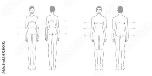 Men and women standard body parts terminology measurements Illustration for clothes and accessories production fashion 9 head male and female size chart. Human body infographic template