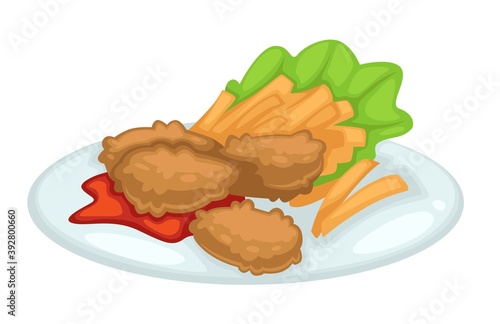 Chicken cutlet with french fries ketchup and lettuce on plate