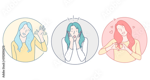 Woman different emotions concept. Young woman cartoon character waving and greeting, feeling surprised and showing heart as symbol of love and smiling. Facial expression, positive emotions 