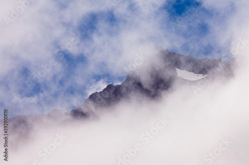 Foggy peaks of Aoraki Mount Cook NP in New Zealand