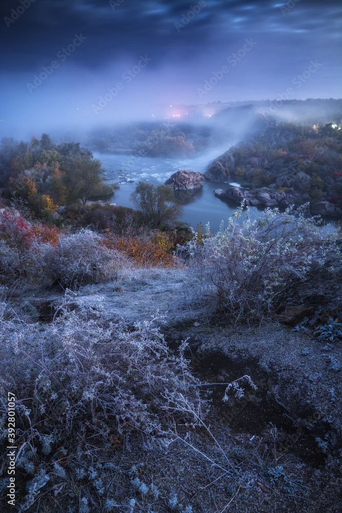 Autumn landscape, scenic view of the misty rocky canyon