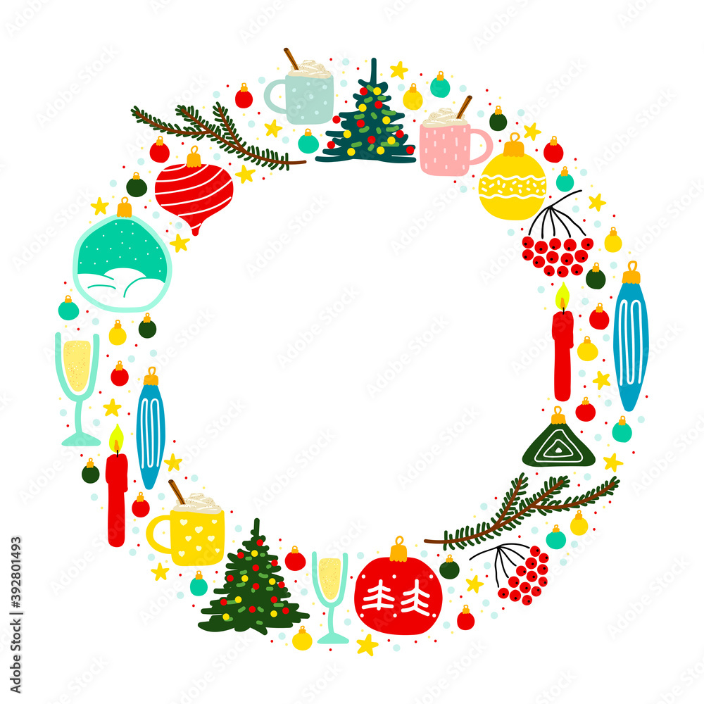 Christmas Scandinavian frame illustration. Copy space wreath. Set of New Year balls, xmas tree, star, branches, candles, berries, champagne, prosecco, eggnog, snowflakes isolated on white background Christmas Scandinavian frame illustration. Copy space wreath. Set of New Year balls, xmas tree, star, branches, candles, berries, champagne, prosecco, eggnog, snowflakes isolated on white background